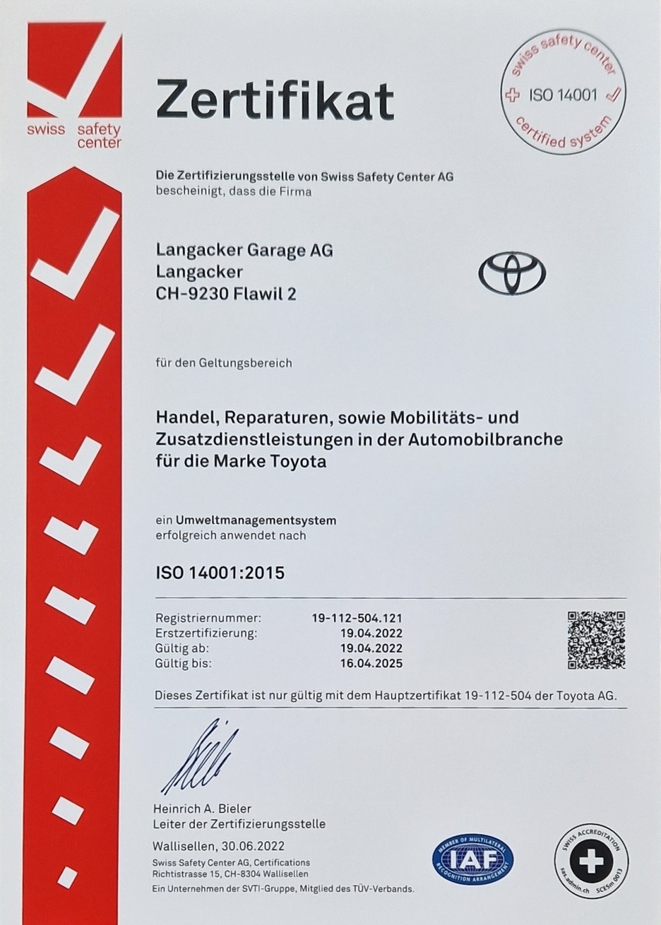 UMWEIT UND ARBEITSSICHERHEIT ISO 14001 LANGACKER GARAGE AG