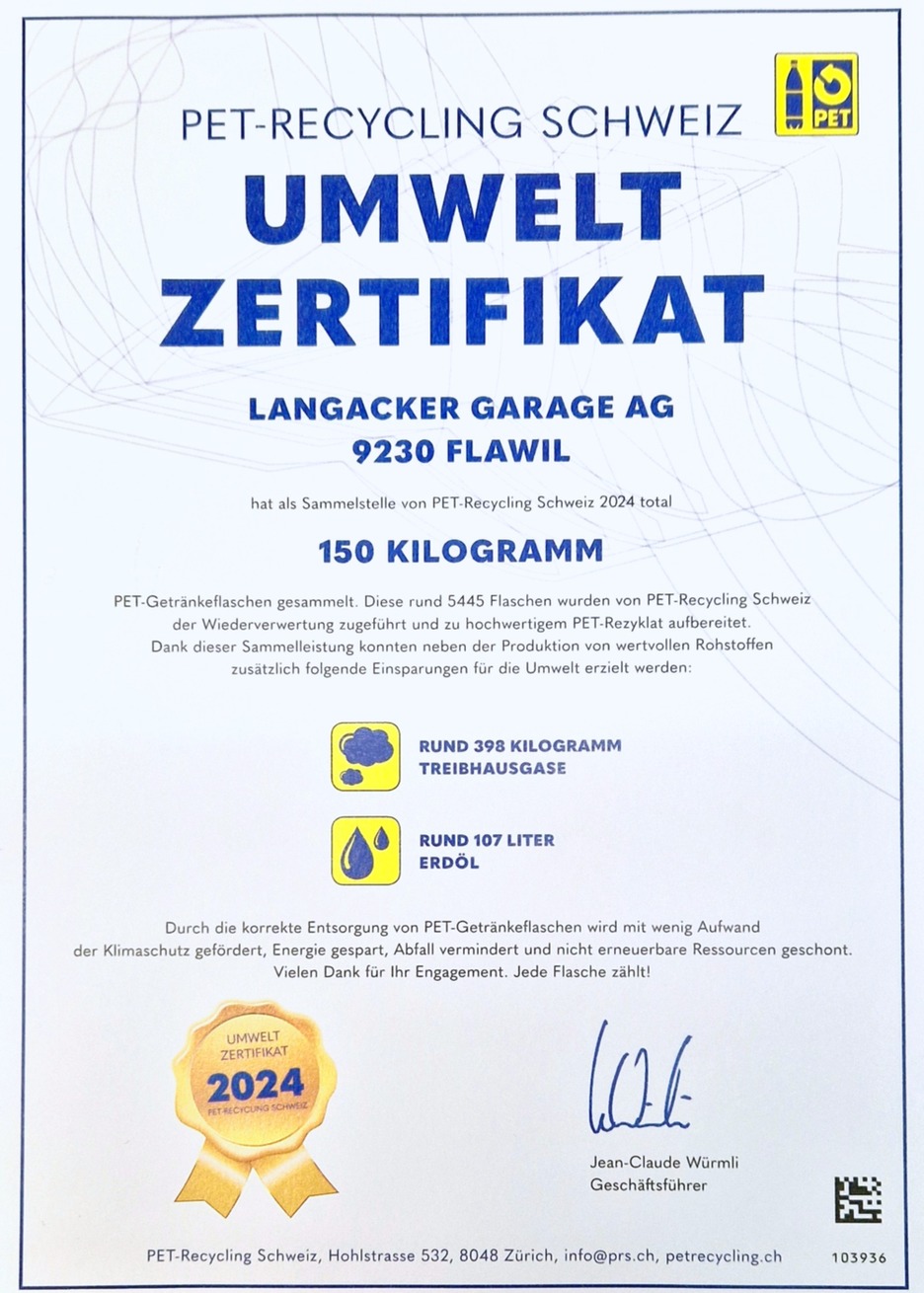 NACHHALTIGKEIT PET RECYCKLING INF FLAWIL LANGACKEGARAGE AG VONROTZ